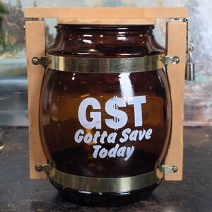 Vintage GST "Gotta Save Today" Brown Glass Money Bank Piggy Bank with Lock